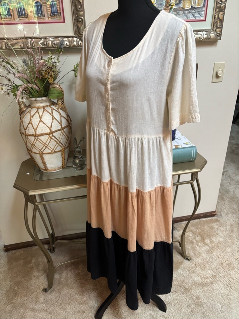 TWO POTATO VINTAGE NEUTRAL TIERED MAXI DRESS BOHO PEASANT COTTON COTTAGECORE - Picture 4 of 9